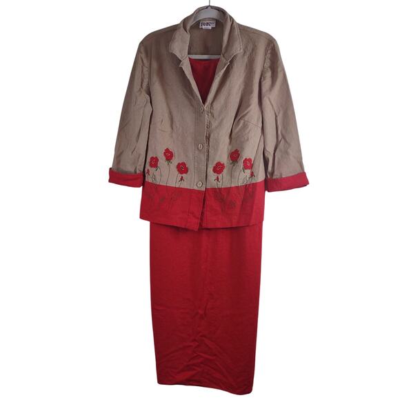 Vintage R & K Linen Blend Poppy Flower Dress Set, Size 14W - Picture 1 of 8